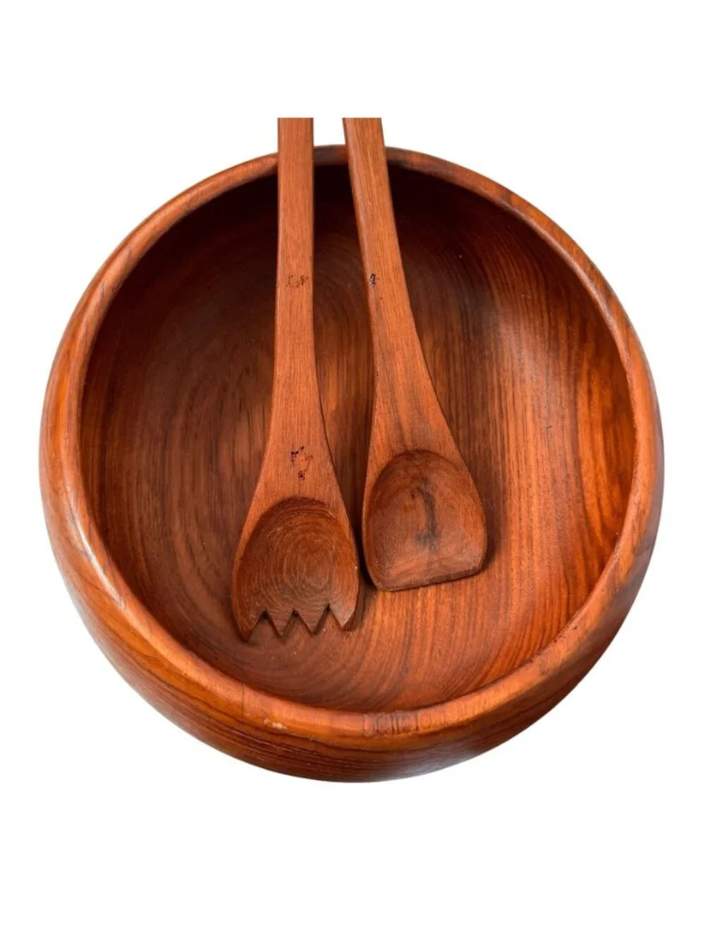 Mid-Century Modern Teak Salad Bowl Set With 4 Small Bowls & 2 Serving Utensils